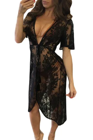Black Sheer Lace Tassel Tie Cover Dress