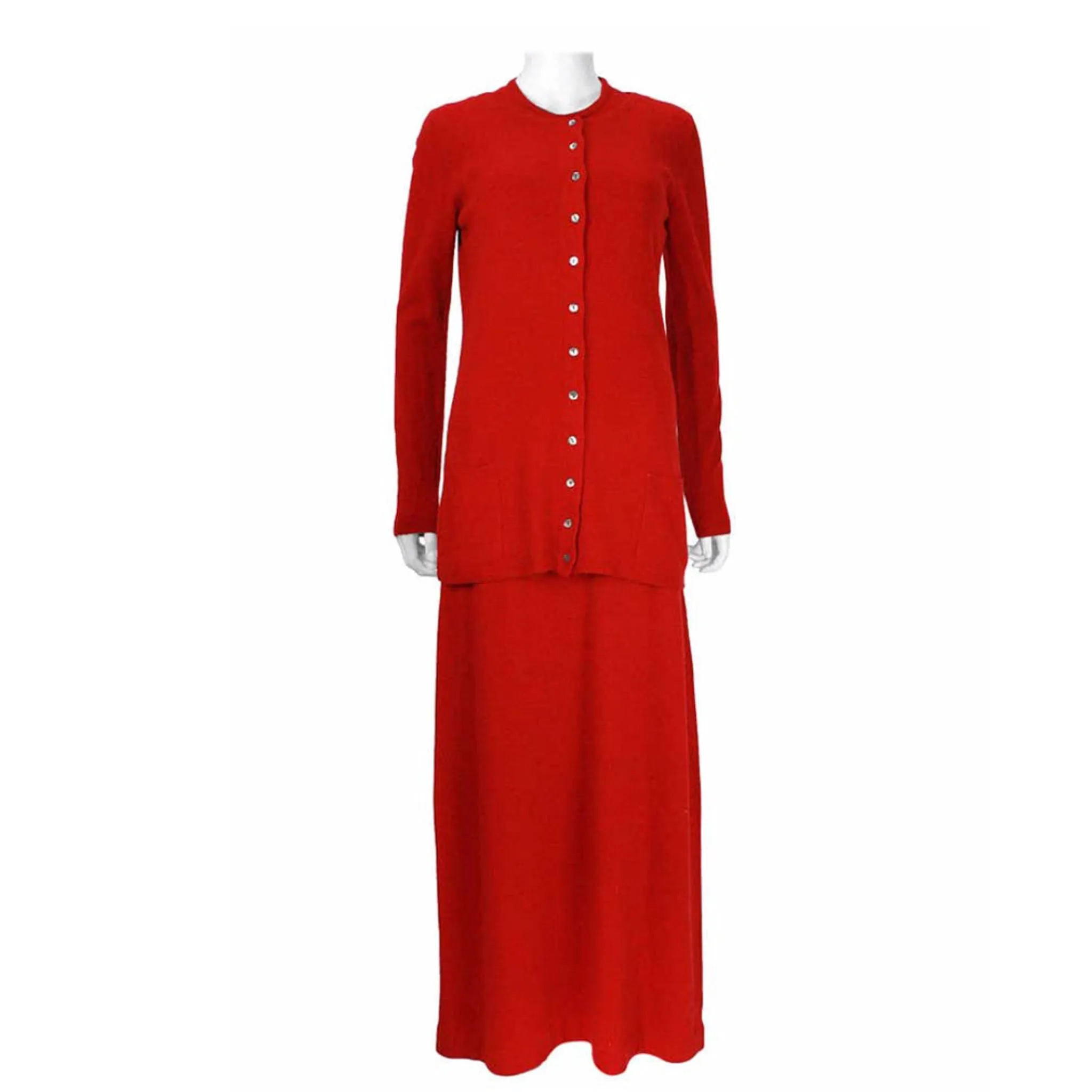 HALSTON INTERNATIONAL 1970s Red Cashmere Long Tank Dress and Cardigan Set