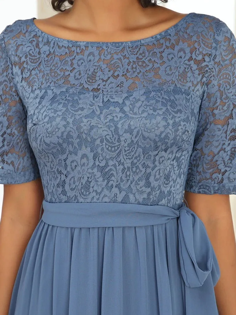 High Neck Lace Short Sleeve Flowy Mother of the Bride Dress
