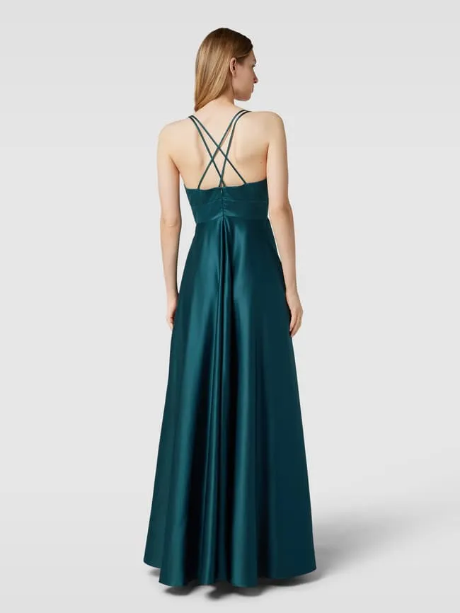 Jake*s Cocktail Evening Dress with Crossed Spaghetti Straps, Dark Green