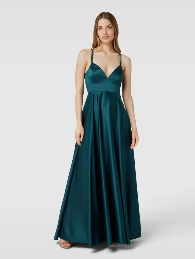 Jake*s Cocktail Evening Dress with Crossed Spaghetti Straps, Dark Green