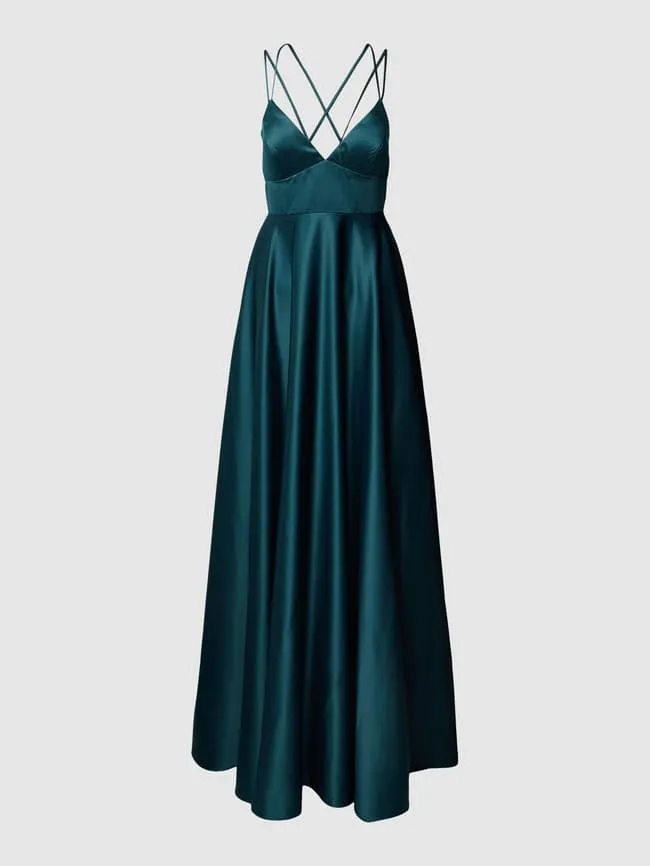 Jake*s Cocktail Evening Dress with Crossed Spaghetti Straps, Dark Green