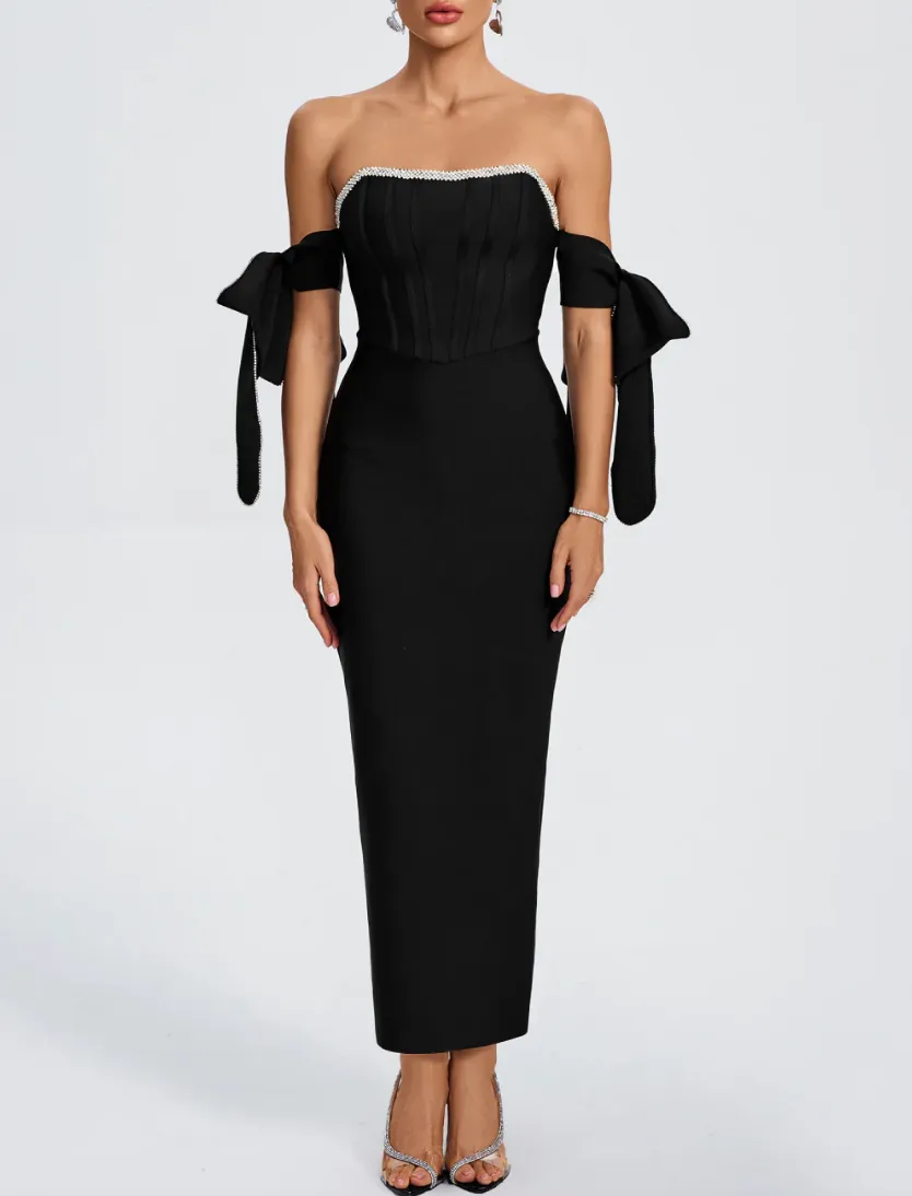 NAISHA Rhinestone Trim Bowknot-Sleeve Bandage Dress