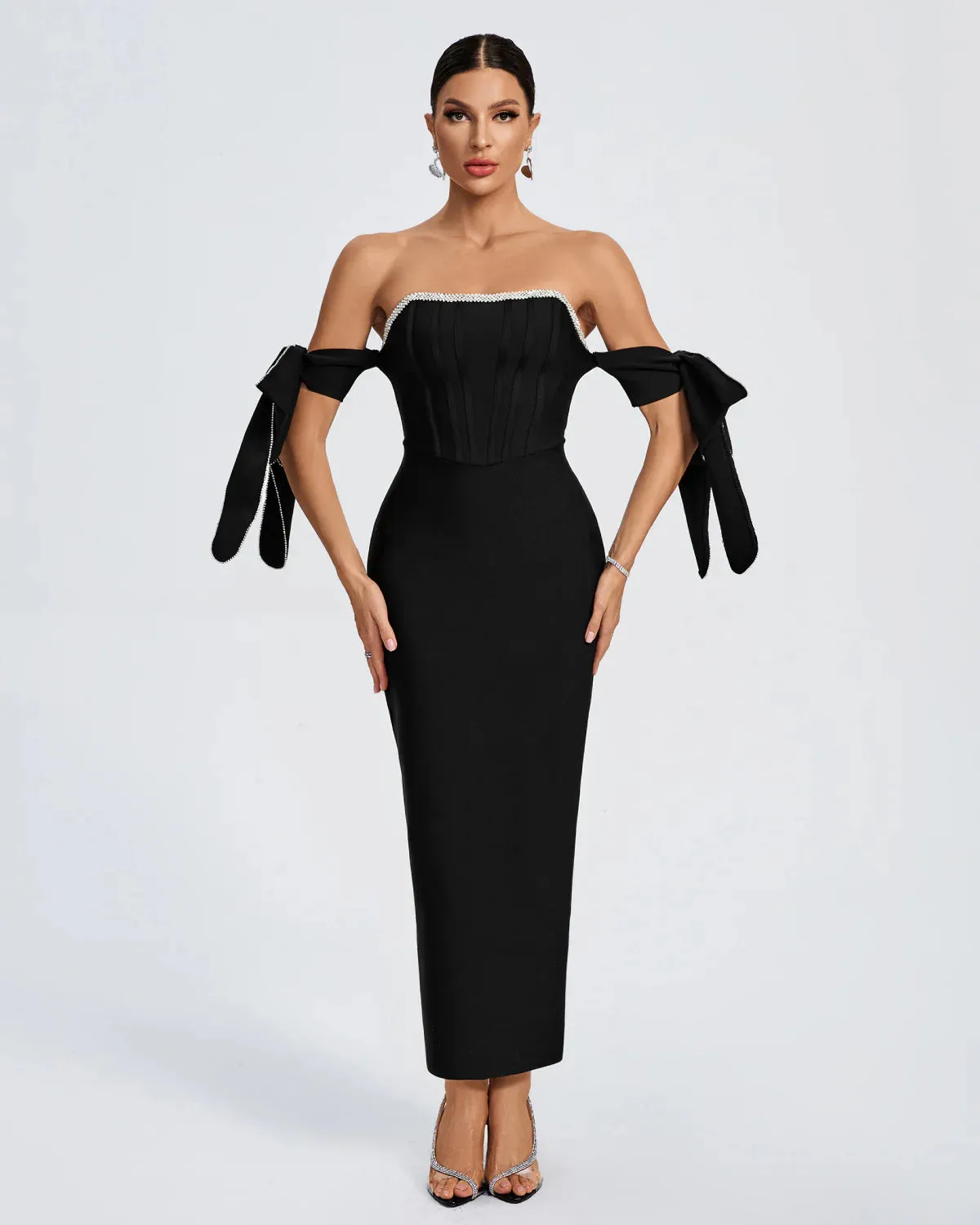 NAISHA Rhinestone Trim Bowknot-Sleeve Bandage Dress